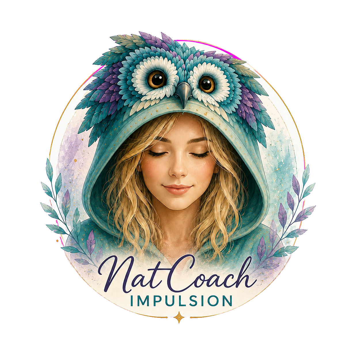 Femme blonde sereine sous une capuche de chouette, illustration Nat Coach Impulsion
